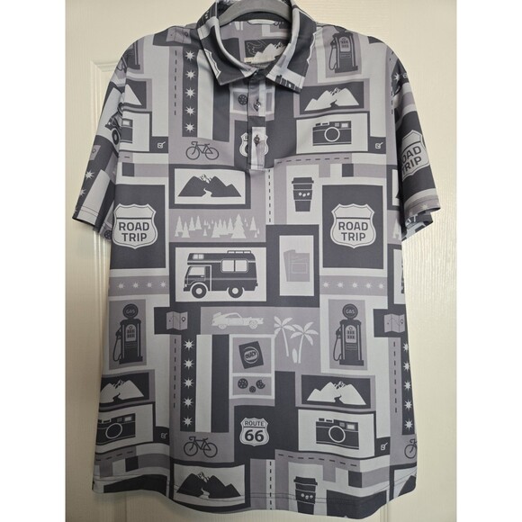 Swannies Co Golf Polo Large Detour Road Trip Grey Rare Print Route‎ 66